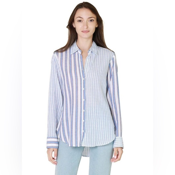 Xirena Beau Boyfriend Button Down Shirt in Tide Blue Stripes Pattern Mixing